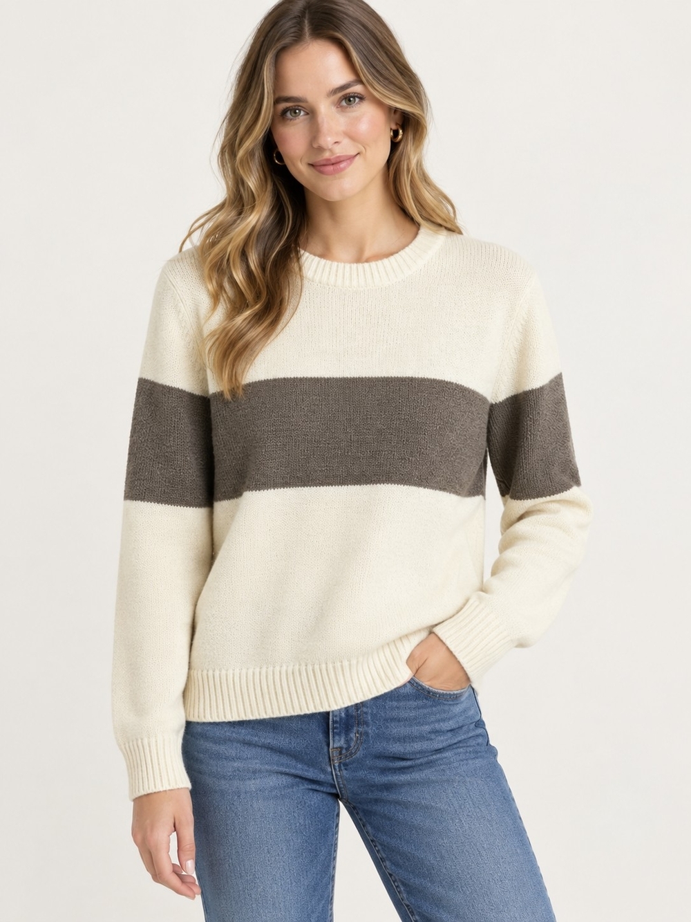 Cream & Brown Striped Crewneck Sweater - Women Medium